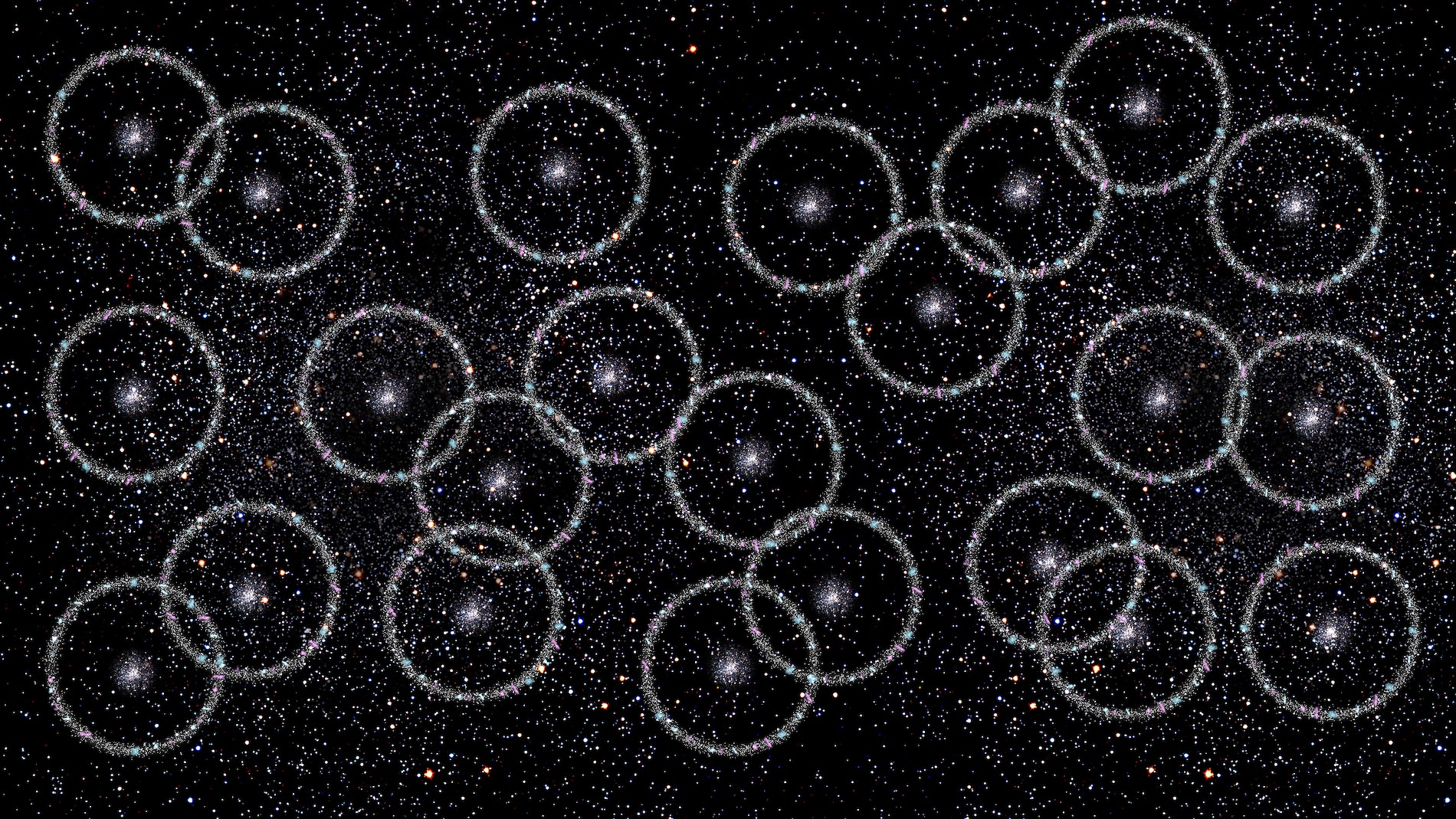 The baryon acoustic oscillation is a large-scale pattern of mass. You’re slightly more likely to find galaxies on the circles and rings rather than elsewhere. This artist’s conception simplifies and exaggerates the subtle pattern.